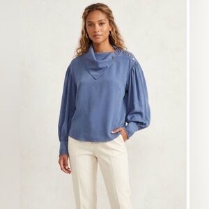 Ulla Johnson Blue Silk Button Shoulder Lace Cuff Blouse Top